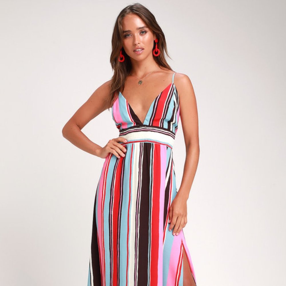 Lulus Andi Pink and Light Blue Multi Stripe Sleeveless Maxi Dress size small